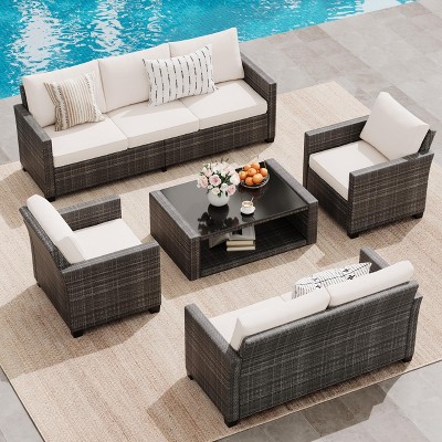 Whizmax Outdoor Patio Furniture Sets,PE Wicker Rattan Sectional Furniture Couch Set with Glass Coffee Table for Backyard, Deck, Poolside
