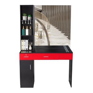 Karl Home Black Red Wall Mount Barber Station 2 Drawers 1 Storage Cabinet 3 Open Shelves with Mirror - 1 of 4