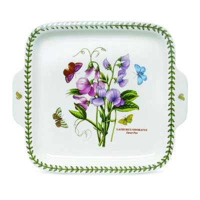 Portmeirion Botanic Garden 11" Square Dessert Dish with Handles, Sweet Pea Motif - Durable Porcelain Serveware, Microwave and Dishwasher Safe
