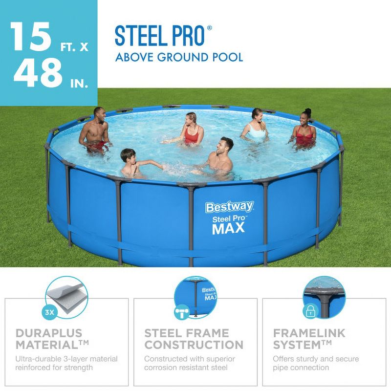 Bestway Steel Pro 15’ x 48" Round Steel Above Ground Outdoor Swimming Pool Metal Frame for Backyards, Blue, 2 of 7