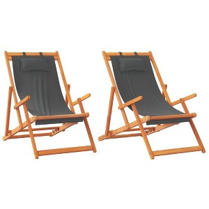 vidaXL Folding Beach Chairs in Gray Fabric - Adjustable Patio Seating with Eucalyptus Wood Frame - Outdoor Lounge Furniture Set of 2 - 1 of 4