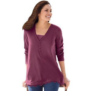 Woman Within Plus Size Layered-Look Lace Trim Tee - 1 of 4