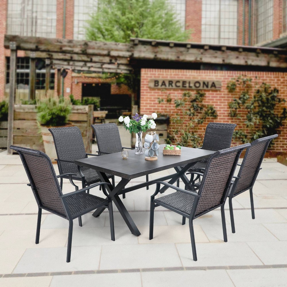 7pc Patio Dining Set with Rattan Arm Chairs & Rectangle Steel Frame & Faux Wood Tabletop – Captiva Designs For Sale