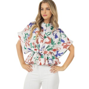 Slickblue Rust Floral Print Top, Short Sleeve, Waist Tie for Flattering Fit, Casual & Dressy, S - 1 of 4
