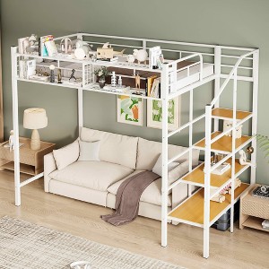 MAYEERTY Twin Size Metal Loft Bed, Upper Grid Storage Shelf Lateral Ladder, Bedroom, Black - 1 of 4