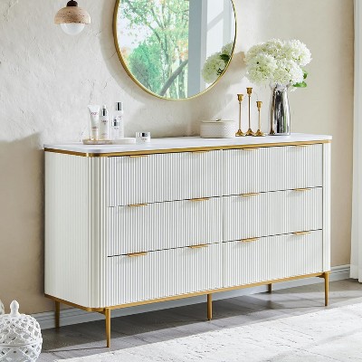 SinCiDo 54" Wide Modern Fluted 6 Drawer Dresser, Gold Accents, Wood TV Stand & Storage Dressers Organizer for Bedroom, Living Room