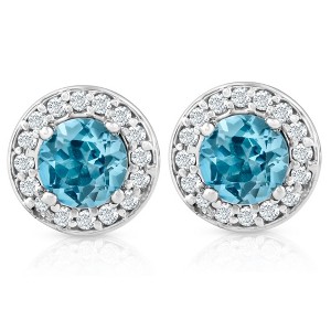 Pompeii3 3/4ct Halo Diamond Blue Topaz Studs 14K White Gold - 1 of 3
