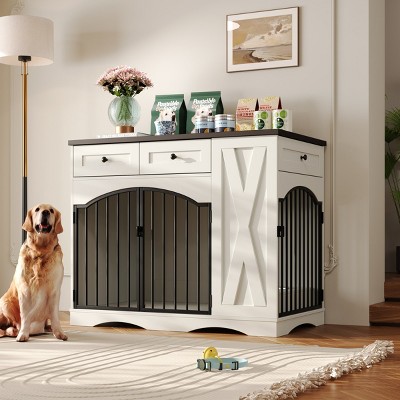 LAOTIES 43'' Wooden Dog Crate Furniture,Indoor Dog Kennel With 3 Drawers And Removable Feeder,Dog Cage End Table For Medium And Large Dogs