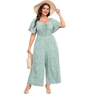 YESFASHION Womens Plus Size Casual Summer Jumpsuits Sweetheart Neck Ruffle Short Sleeve Smocked Tie Front Wide Leg Rompers with Pockets - 1 of 4