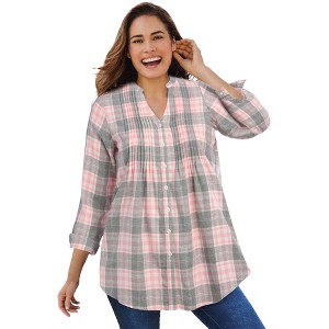 Woman Within Women's Plus Size Pintucked Flannel Shirt - 1 of 4