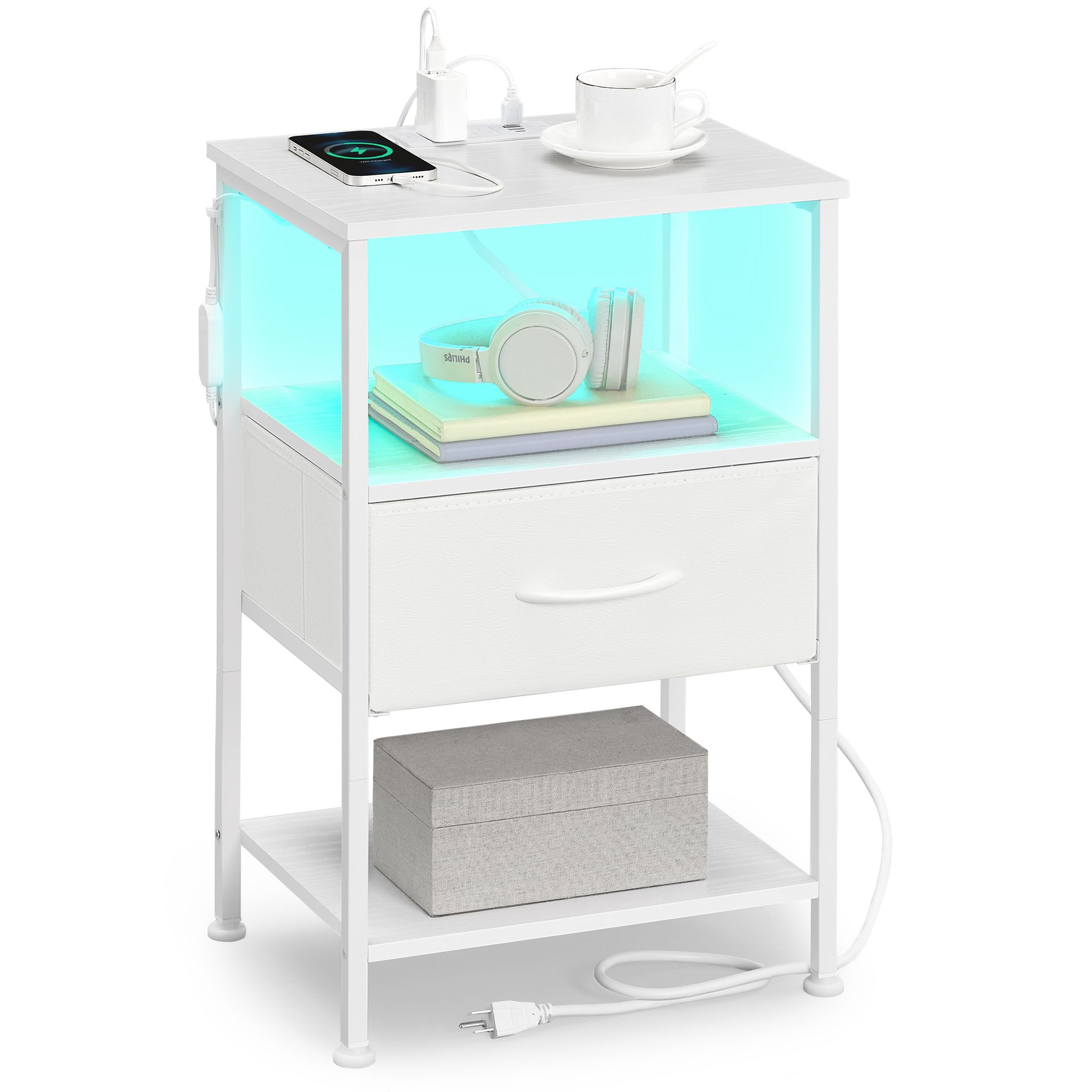 SONGMICS BELLAH Collection - Nightstand with Charging Station, App-Controlled Adjustable LED Lights, 1 Drawer, 2 Shelves, Cloud White and Snow White