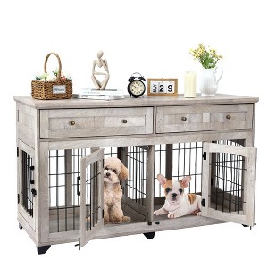 2 Dog Crate Furniture for Large Breeds, Large Dog Kennel Furniture TV Stand, 58" Wooden Dog Kennel End Table with Drawers, Double Dog House - 1 of 4