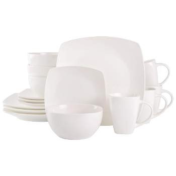 Gibson Soho Lounge 16 Piece Fine Ceramic Soft Square Stoneware Dinnerware Set in White