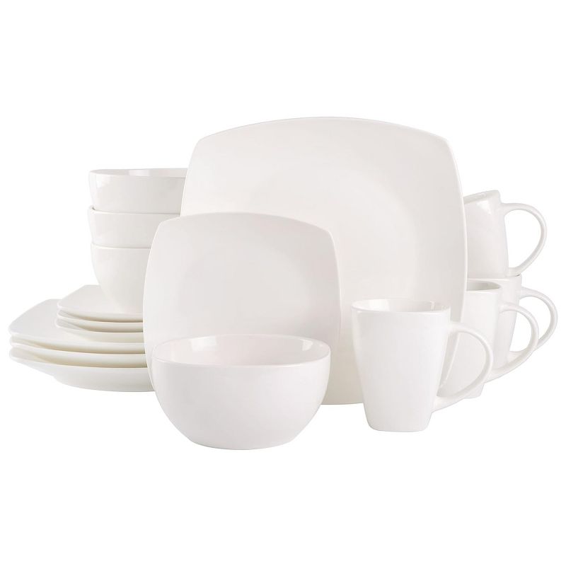 Gibson Soho Lounge 16 Piece Fine Ceramic Soft Square Stoneware Dinnerware Set in White, 1 of 6