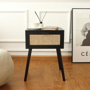 Rattan Nightstand, Bedside Table with Rattan Drawer, Wood End Table with Storage and Solid Wood Legs - 1 of 4