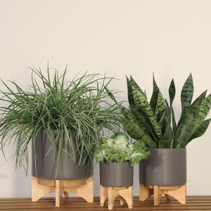 Okak Ceramic Pots with Wooden Base and Drainage Hole, Plants Planter for Flowers, Vegetables, Herbs, Gray - 1 of 4