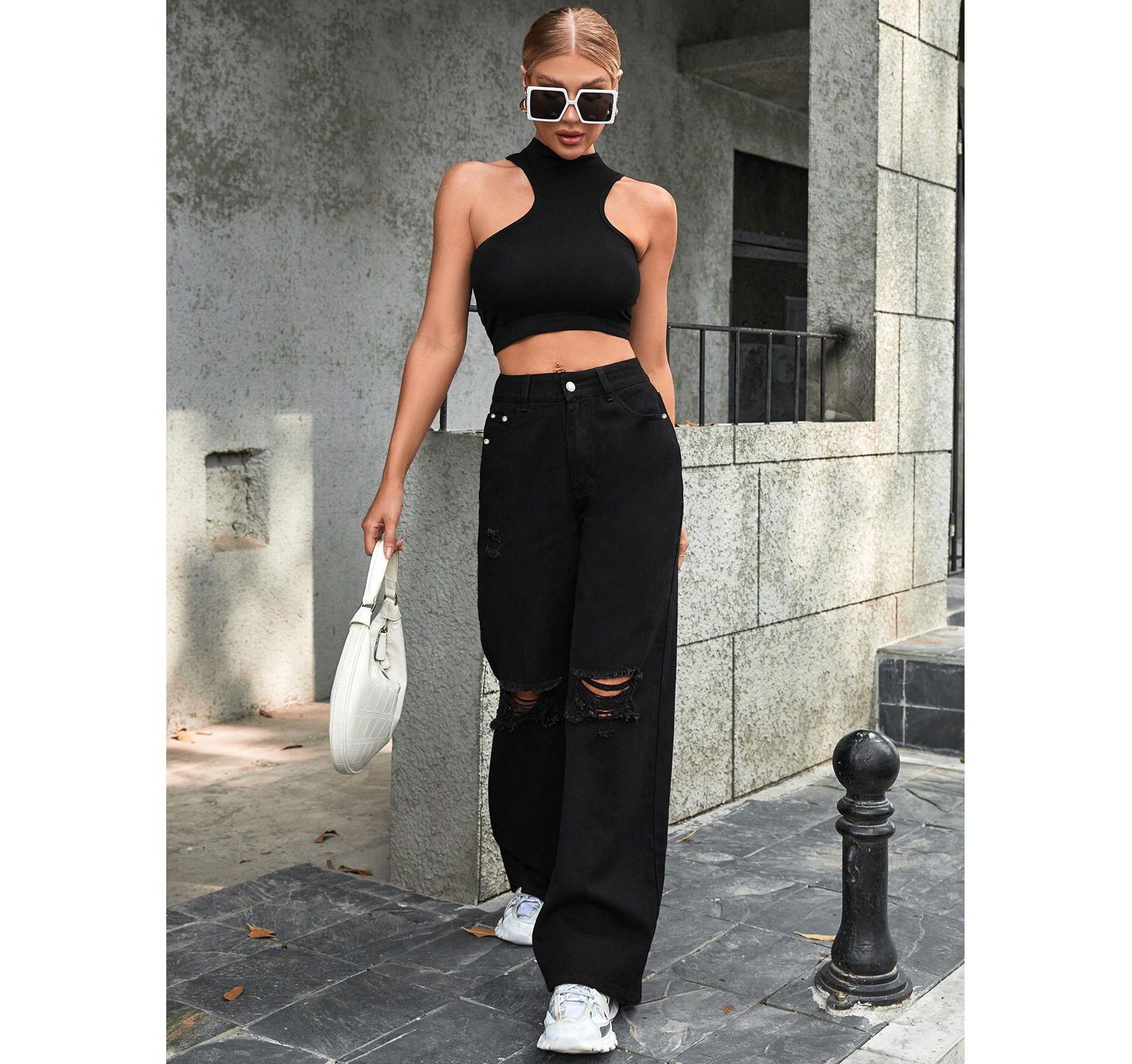 BLUEMING Women’s Ripped Jeans High Waisted Distressed Baggy Straight Wide Leg Pants