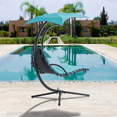 Hanging Chaise Lounger with Removable Canopy, Outdoor Swing Chair with Built-in Pillow, Hanging Curved Chaise Lounge Chair
