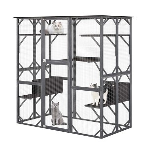 Costway Large Wooden Cat House 71'' Indoor Outdoor Weatherproof Catio Kitten Enclosure - 1 of 4