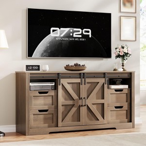 Modern TV Stand for TVs Up to 70'', 66" Entertainment Center with 4 Drawers and Sliding Barn Door, Wooden Media Console Table - 1 of 4