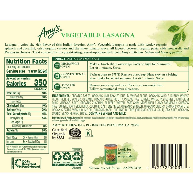 Amy&#39;s Frozen Organic Vegetable Lasagna - 9.5oz, 4 of 6