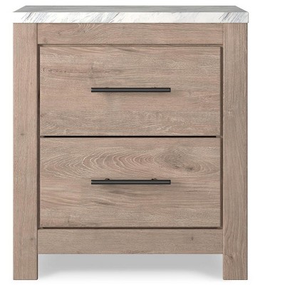 Light Brown and White Faux Marble Top 2-Drawer Nightstand