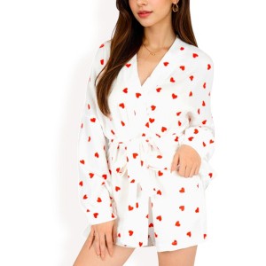 Anna-Kaci Lounge Women's Heart Print 2-Piece Pajama Set with Long Sleeve Tie-Waist Robe and Relaxed Fit Shorts - 1 of 4