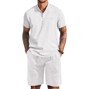 COOFANDY Men's Linen Sets 2 Piece Outfits Short Sleeve Henley Shirts and Shorts Summer Beach Yoga Pants Set - 1 of 4