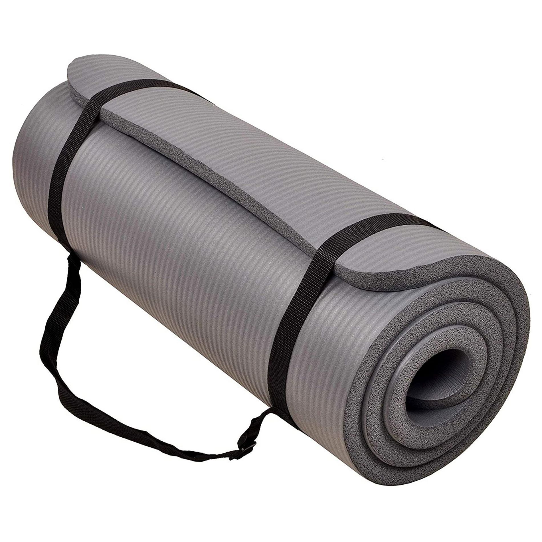 BalanceFrom GoCloud 71" x 24" All-Purpose 1-Inch Extra Thick Double-Sided Non-Slip High Density Anti-Tear Exercise Yoga Mat with Carrying Strap, Gray