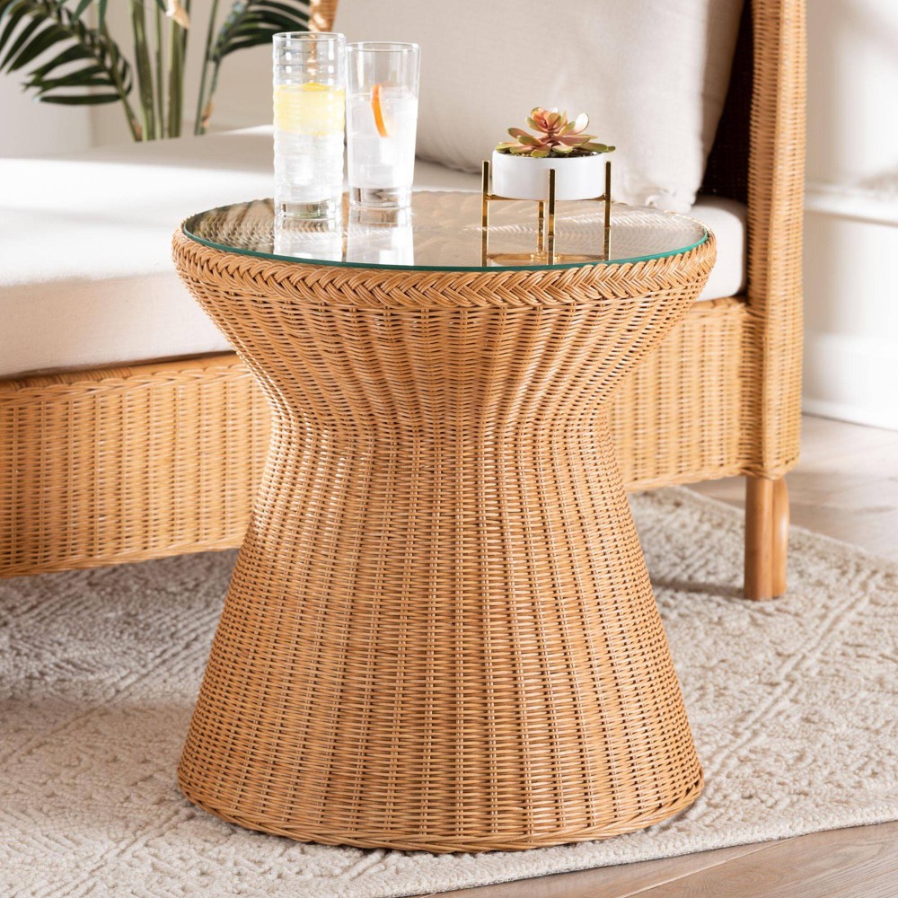 Photos - Coffee Table bali & pari Nina Braided Rattan End Table with Glass Tabletop Natural Rattan