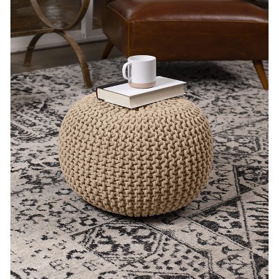 Natural Hand-Knitted Cotton Bean Bag Pouf - 19" Round