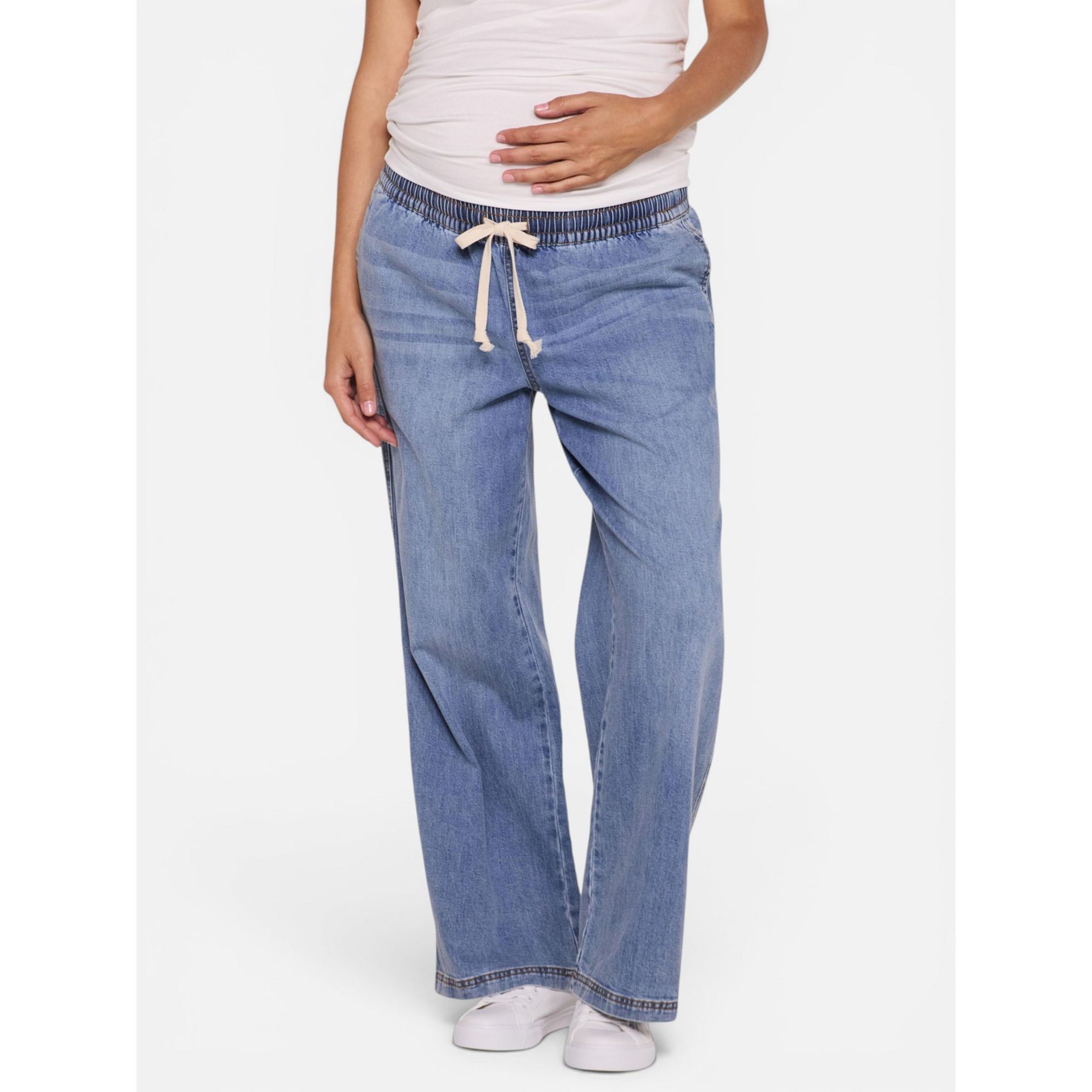 Women's Under the Belly Tie Waist Denim Wide Leg Pant - Hansel Wash - Size: Medium - Motherhood Maternity