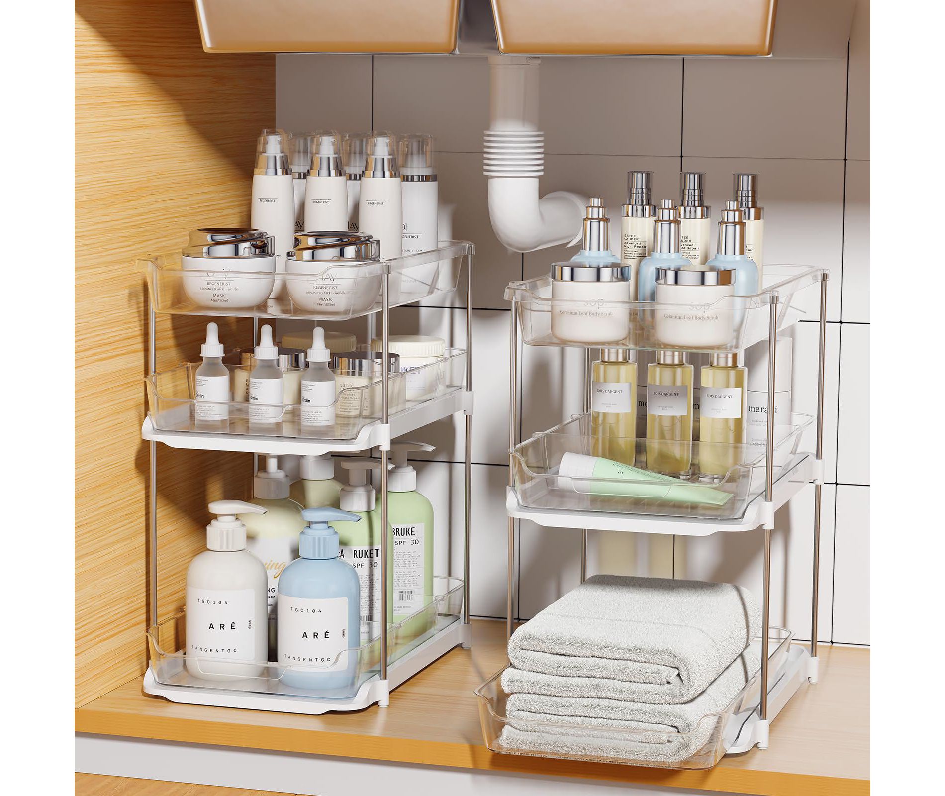 Aoibox 3-Tier Pull Out Under Sink Organizer 2 Sets Stackable Clear Kitchen Bathroom Cabinet Storage with Dividers