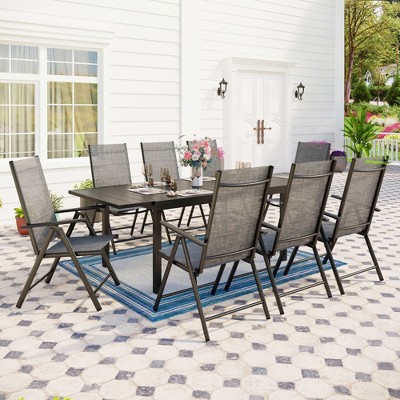 Captiva Designs 9pc Patio Dining Set with Slat-top Adjustable Steel Rectangle Table & Gray Sling Foldable Chair