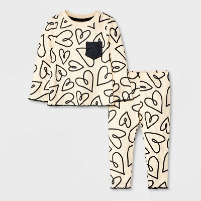 Image of Baby Girls' 2pc Heart Lettuce Edge Ribbed Top & Bottom Set - Cat & Jack™ Off-White 0-3M