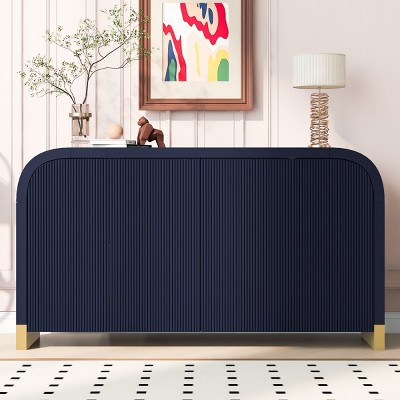 4-Door Curved Corner Design Storage Cabinet, Wavy Door Panel Entryway Cabinet,  Cabinet With Adjustable Shelves, Accent Cabinet-Cuddlewood