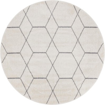 Ivory and Gray Round Trellis Synthetic Area Rug
