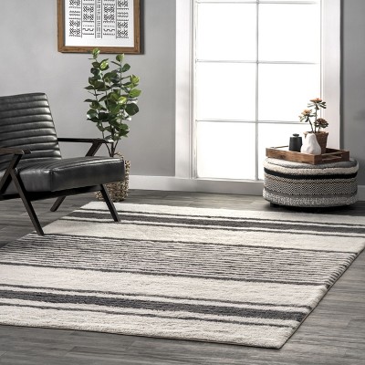 Ivory and Black Striped Wool Washable 4' x 6' Area Rug