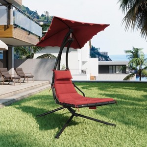 Outdoor Hanging Curved Steel Chaise Lounge Chair Curved Steel Hammock Lounger Chairs Swing with Pillow and Removable Canopy - 1 of 4