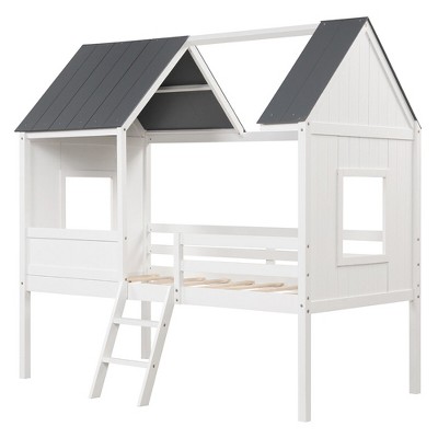 Tangkula Twin Low House Bed Wooden Loft Bed with Ladder Roof Windows Slatted Support
