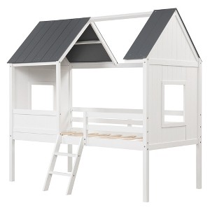 Tangkula Twin Low House Bed Wooden Loft Bed with Ladder Roof Windows Slatted Support - 1 of 4