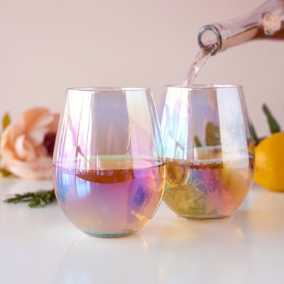 Rainbow Iridescent Stemless Wine Glasses Set of 2
