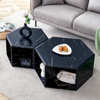 INFURNIC Coffee Tables Minimalist Hexagonal Coffee Table Set of 2 Black and White MDF with Multifunctional Storage, Black, 29.13"*26.38"*7.48"