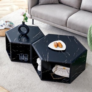 INFURNIC Coffee Tables Minimalist Hexagonal Coffee Table Set of 2 Black and White MDF with Multifunctional Storage, Black, 29.13"*26.38"*7.48" - 1 of 4