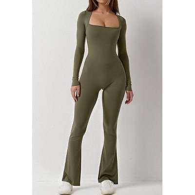 DOMETOUR Women Yoga Jumpsuits Square Neck Workout Long Sleeve Gym Yoga Sport Jumpsuits