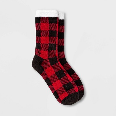 Women's Buffalo Check Plaid Double Lined Cozy Crew Socks - A New Day™ Red/Black 4-10