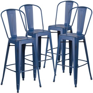 Emma and Oliver Commercial Grade 4 Pack 30" High Distressed Metal Indoor-Outdoor Barstool with Back - 1 of 4