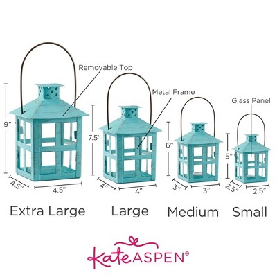 Distressed Blue Iron and Glass Tabletop Candle Lantern