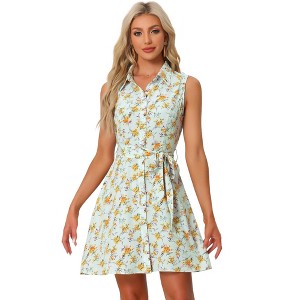 Allegra K Women's Sleeveless Turndown Collar Mini Button Down Floral Print Dress - 1 of 4