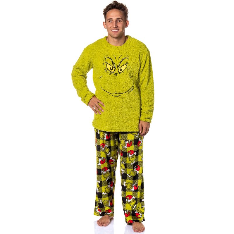 Dr. Seuss The Grinch Santa Plaid Plush Fleece Pajama Sleep Set, 1 of 6